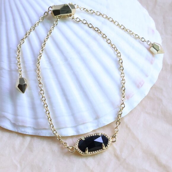 Kendra Scott Gold Elaina Black Opaque Glass Adjustable Chain Bracelet - Picture 1 of 2